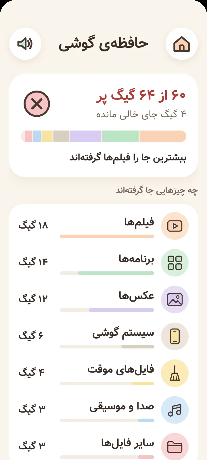 صفحه‌ی حافظه‌ی گوشی در گوشی‌یار: ۶۰ از ۶۴ گیگ پر، و این‌که فیلم‌ها و برنامه‌ها چقدر جا گرفته‌اند